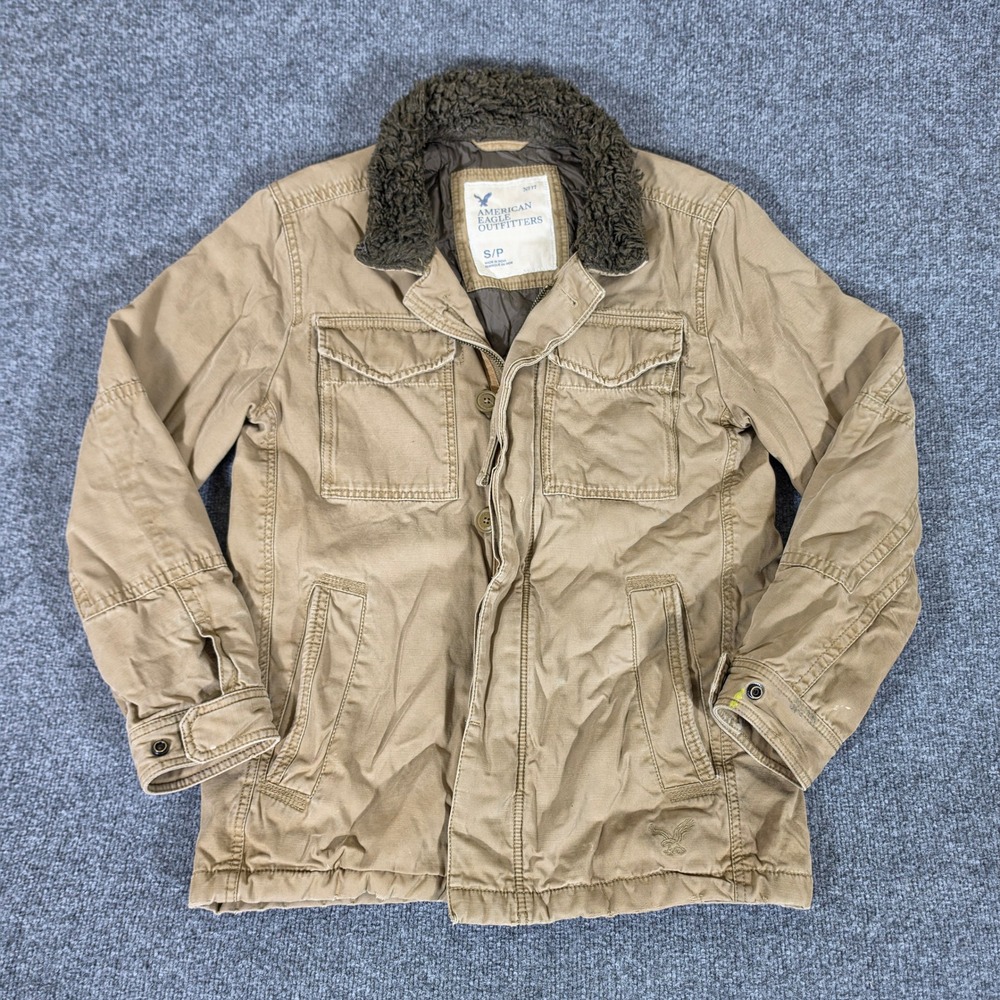 2000s American Eagle Mens Khaki Military Field Jacket Sherpa Collar Lined S/P